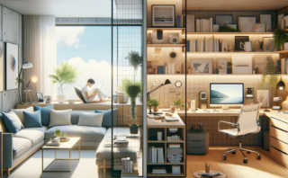 Showing a separate workspace within a larger living area, creating a clear distinction between the work zone and the personal living space.