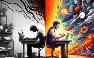 Two contrasting halves of the same person that illustrate misalignment burnout; one being colorful and bright while the other is gloomy and dull