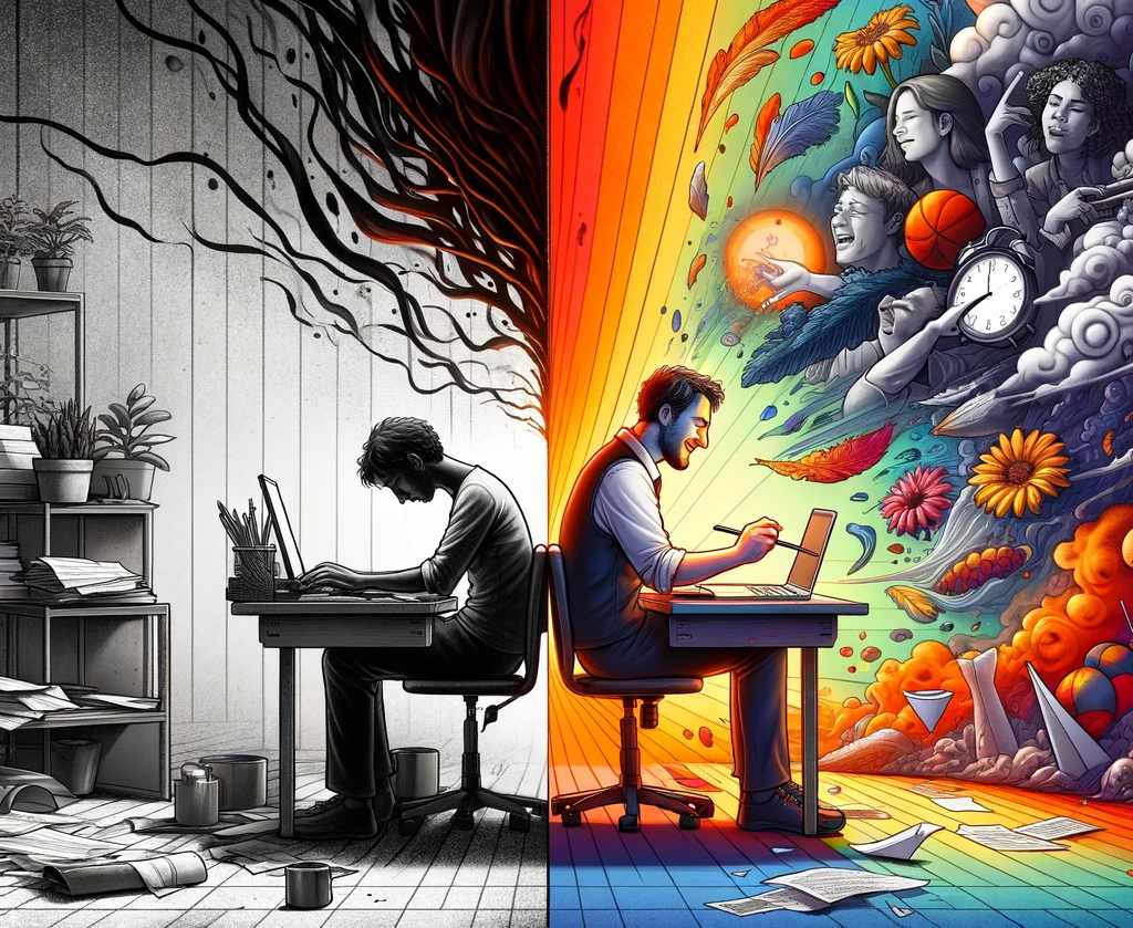 Two contrasting halves of the same person that illustrate misalignment burnout; one being colorful and bright while the other is gloomy and dull