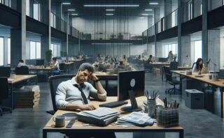 Employee looking stressed out in front of a pile of documents
