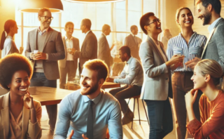 A warm and inclusive workplace scene showcasing diverse professionals interacting in a collaborative environment.