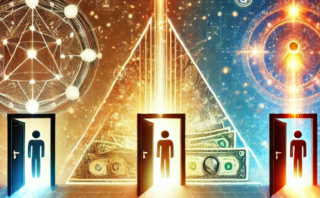 A symbolic representation of three gates arranged in a triangle, each connected to the other with glowing pathways.